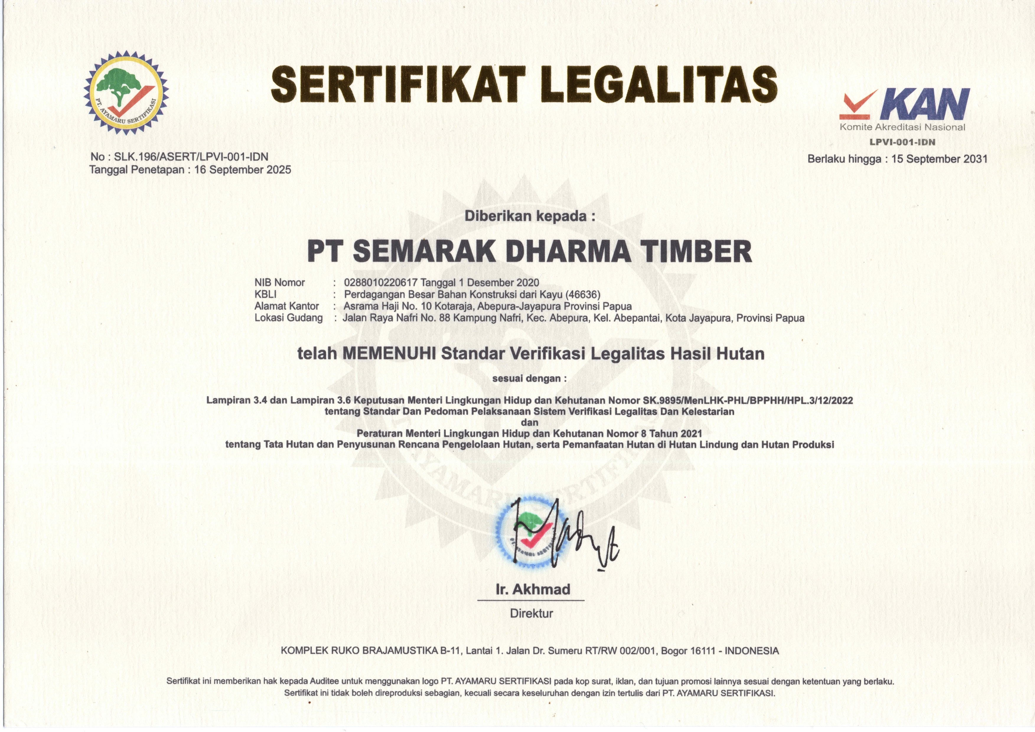 Sertifikat Legalitas PT. Semarak Dharma Timber